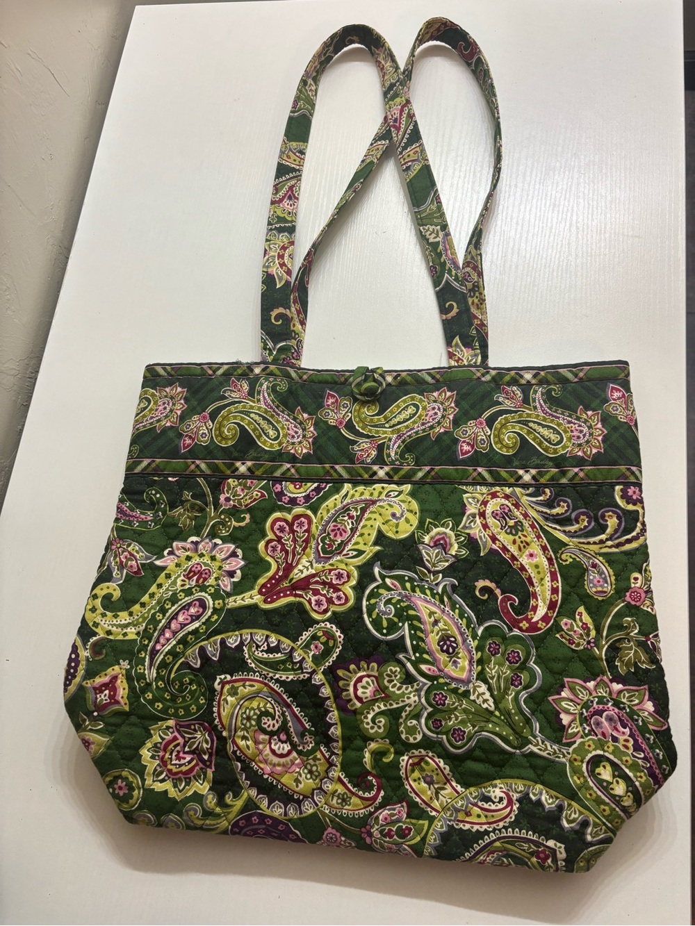 Vera Bradley Green Paisley Quilted Tote with Pink and Yellow Accents